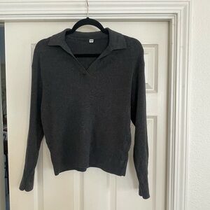 Uniqlo Women's Charcoal Washable Ribbed Knit Polo Sweater size medium